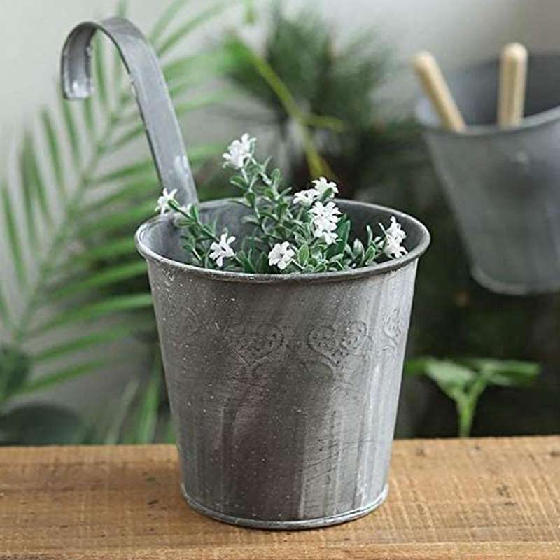 6 Pack Flower Pots with Hooks Metal Gray for Outdoor Balcony Decor