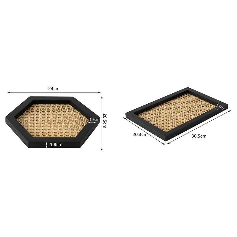 Home Nordic Rattan Woven Tray Wooden Handmade Ins-hexagonal Black