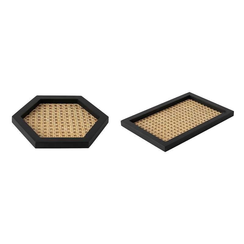 Home Nordic Rattan Woven Tray Wooden Handmade Ins-hexagonal Black