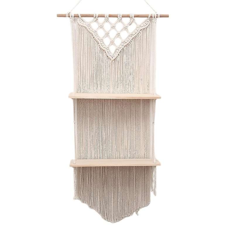 Wall Hanging Macrame Tapestry with Wood Storage Shelf