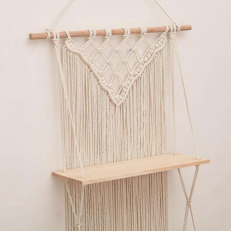 Wall Hanging Macrame Tapestry with Wood Storage Shelf