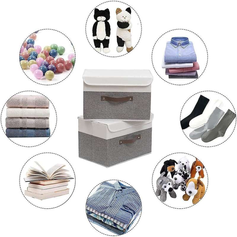 Collapsible Storage Box with Lid for Books Clothes(white/gray,2-pack)