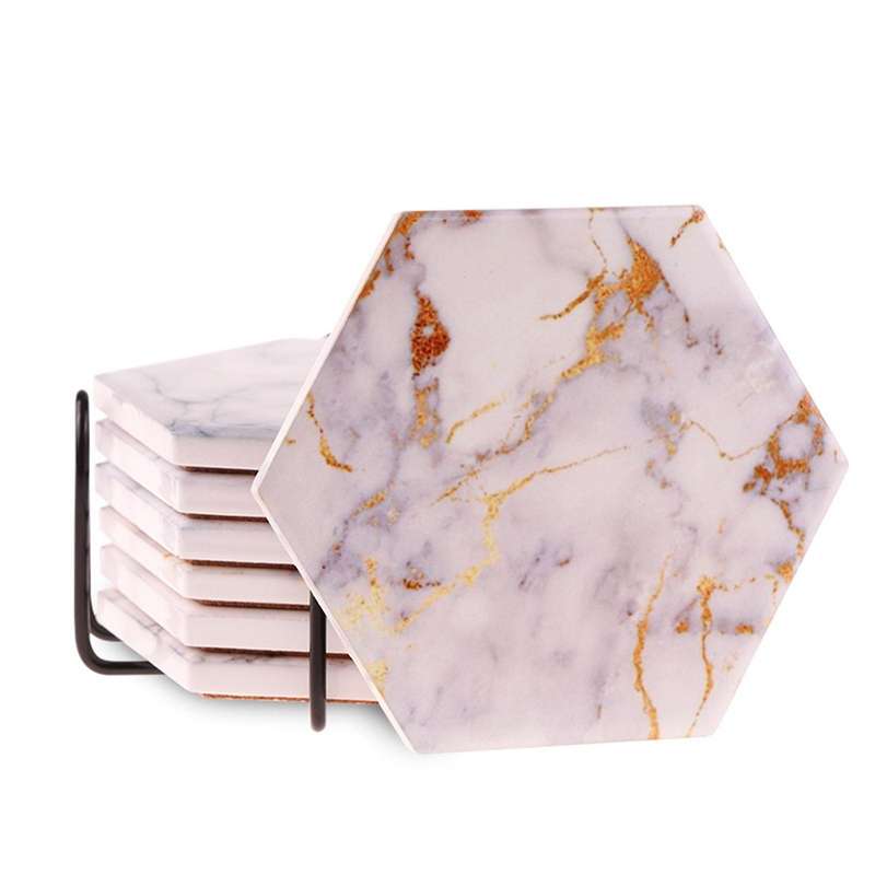 6pcs Coasters for Drinks Absorbent with Marble Ceramic Coaster Set
