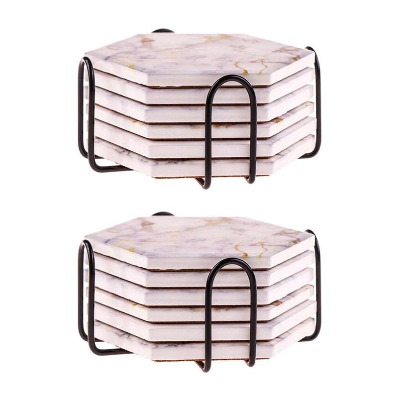 6pcs Coasters for Drinks Absorbent with Marble Ceramic Coaster Set