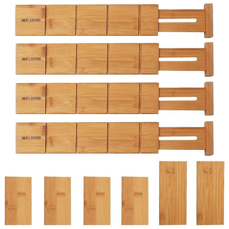 4pcs Bamboo Drawer Dividers Organizer with 6 Extra Mini Dividers