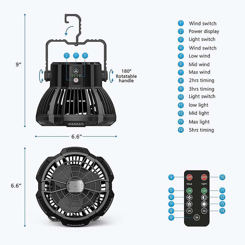 Portable Camping Fan Rechargeable,with Led Light,remote Control Fan
