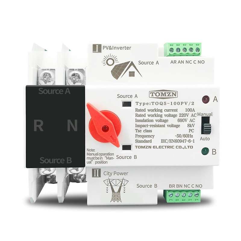 Tomzn 2p Din Rail Ats for Pv and Inverter Selector Switches 100a