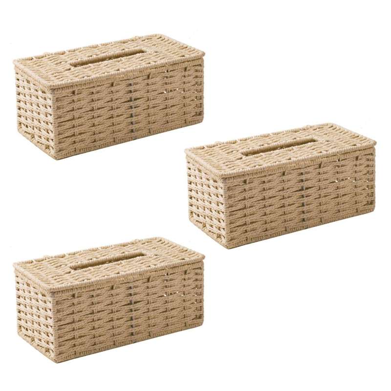 3x Rattan Tissue Box, Vintage Napkin Holder,desk Decoration (beige)