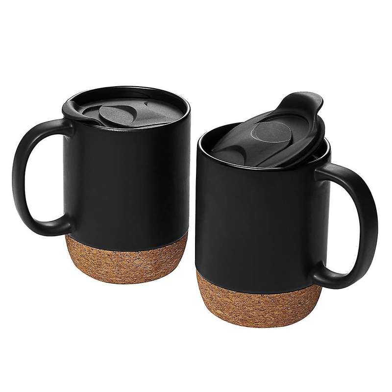 2-piece Coffee Cup Set, Ceramic Mug with Insulated Cork Bottom Black