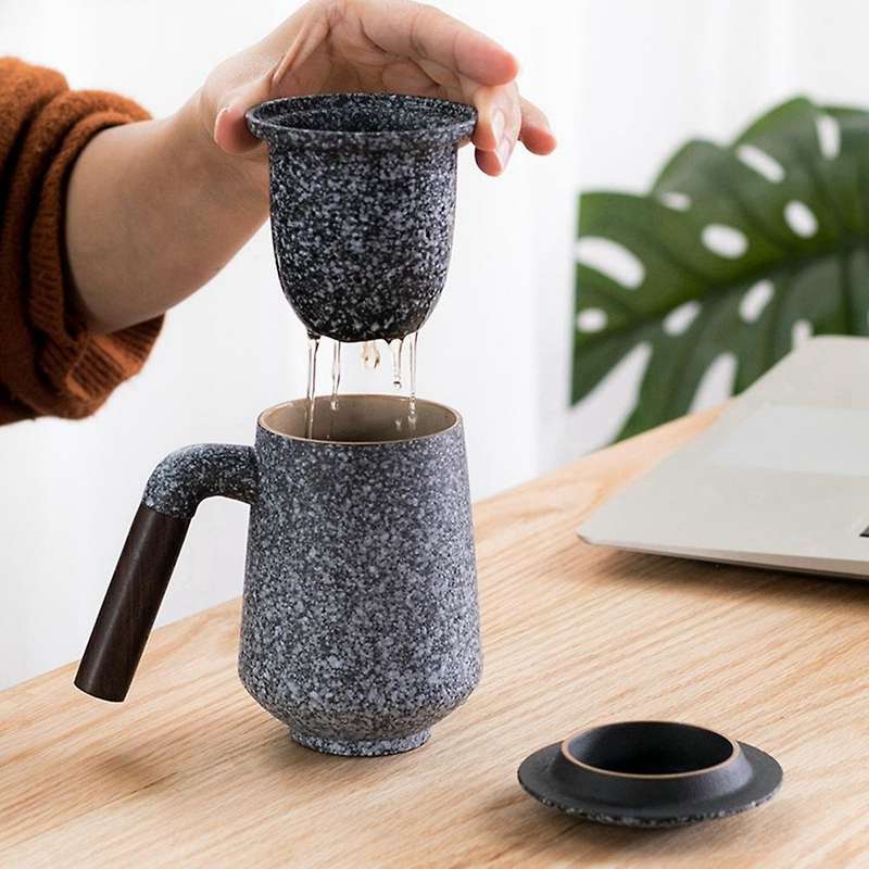 Ceramic Coffee Mug Tumbler Rust Glaze Tea Milk Beer Mug with Wood-d