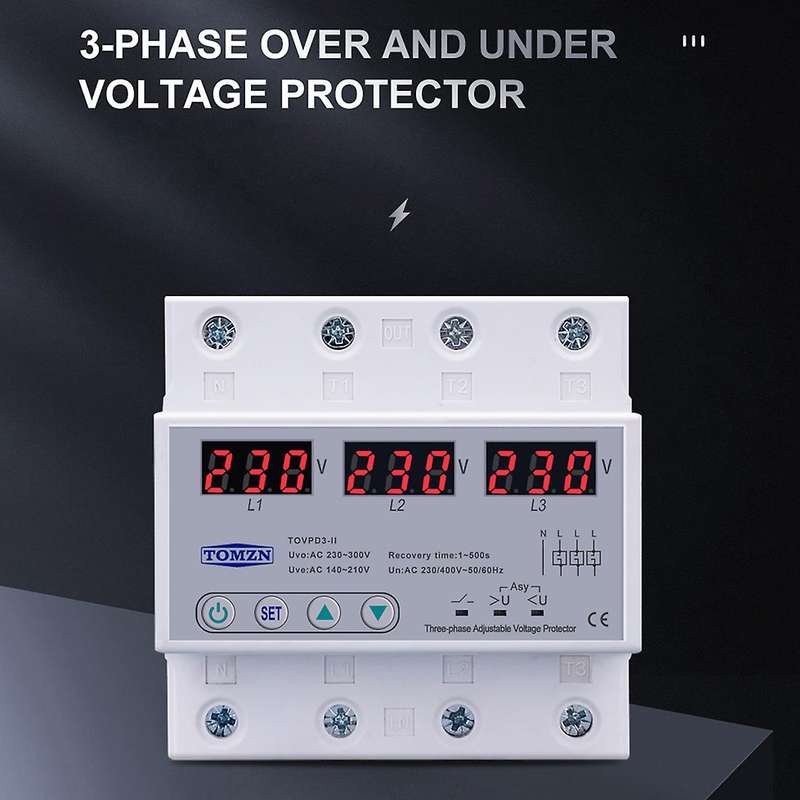 Tomzn Three Phase Adjustable Over and Under Voltage Protector 63a