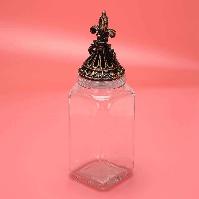 1pcs Retro Glass Storage Jar Carving Cover Tea Caddy Home Ornaments B
