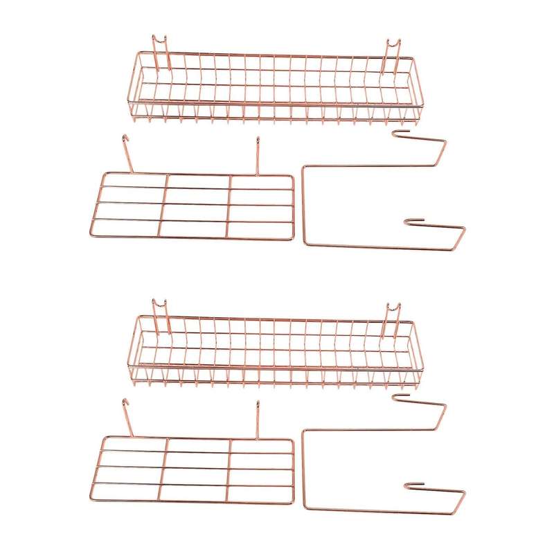 3 Pcs Rose Gold Grid Basket with Hooks Bookshelf Display Shelf