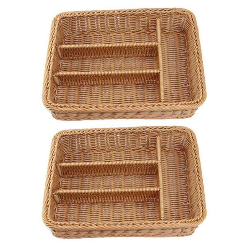 2x Kitchen Cutlery Storage Basket 4 Compartments Rattan Storage Tray