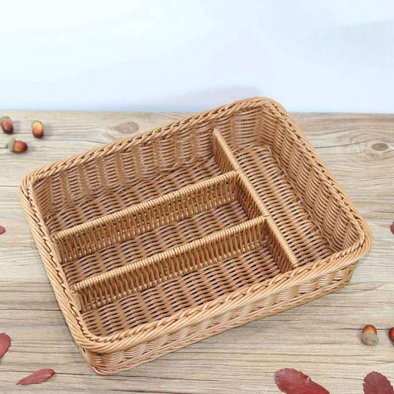 2x Kitchen Cutlery Storage Basket 4 Compartments Rattan Storage Tray