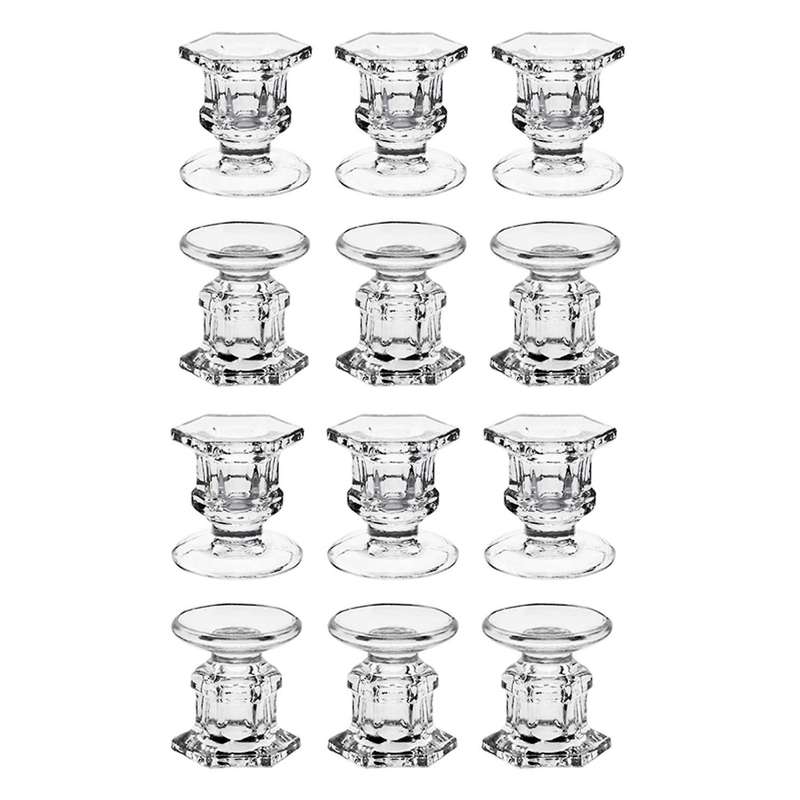 12pack Glass Clear Candlestick Holders Fit 1.85inch Pillar Or 7/8inch