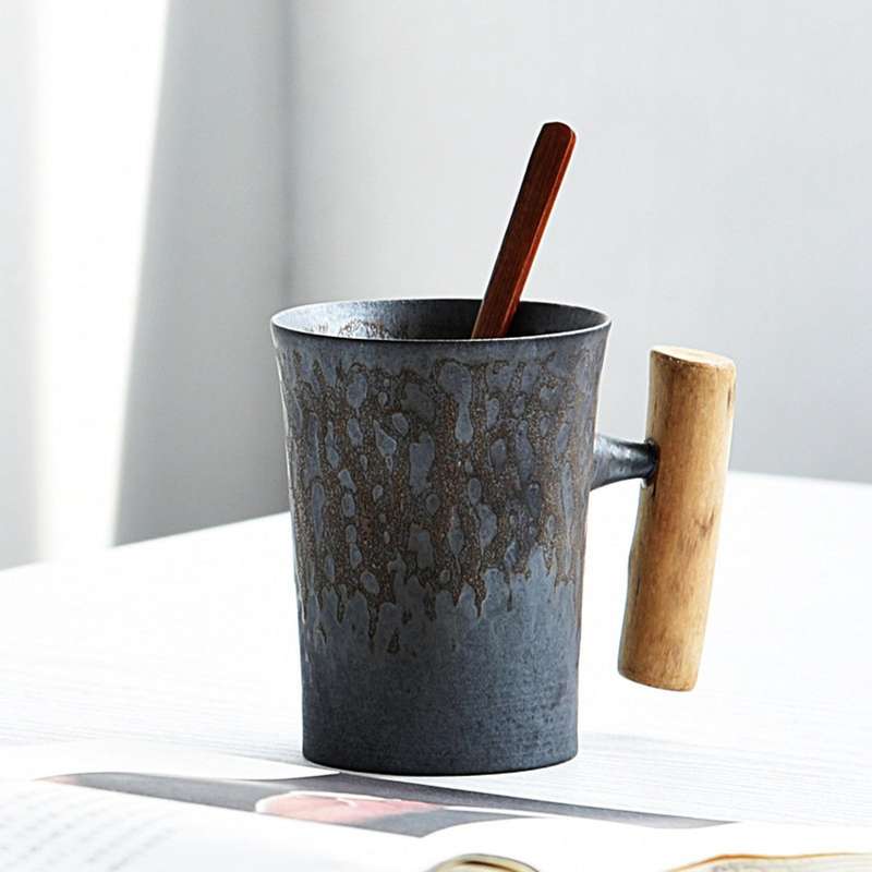 2x 300ml Ceramic Coffee Mug with Spoon Wooden Handle for Home/office