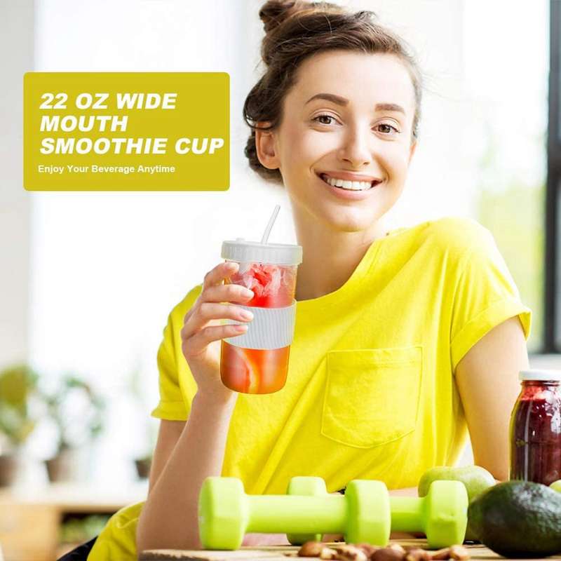 2x 22oz Reusable Boba Cup Mason Jar Cups with Lids and Straws-gray