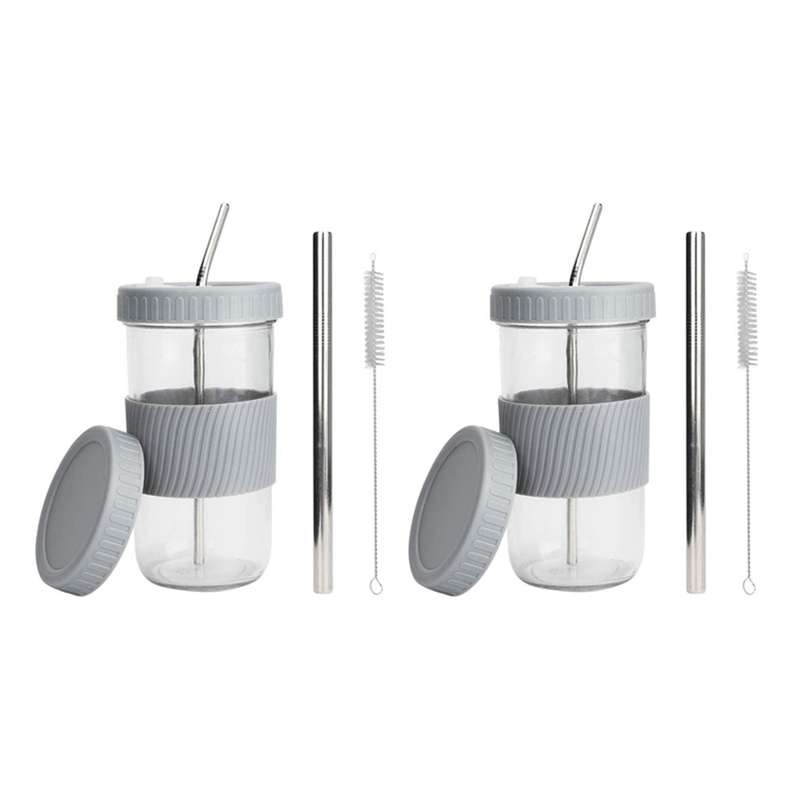 2x 22oz Reusable Boba Cup Mason Jar Cups with Lids and Straws-gray