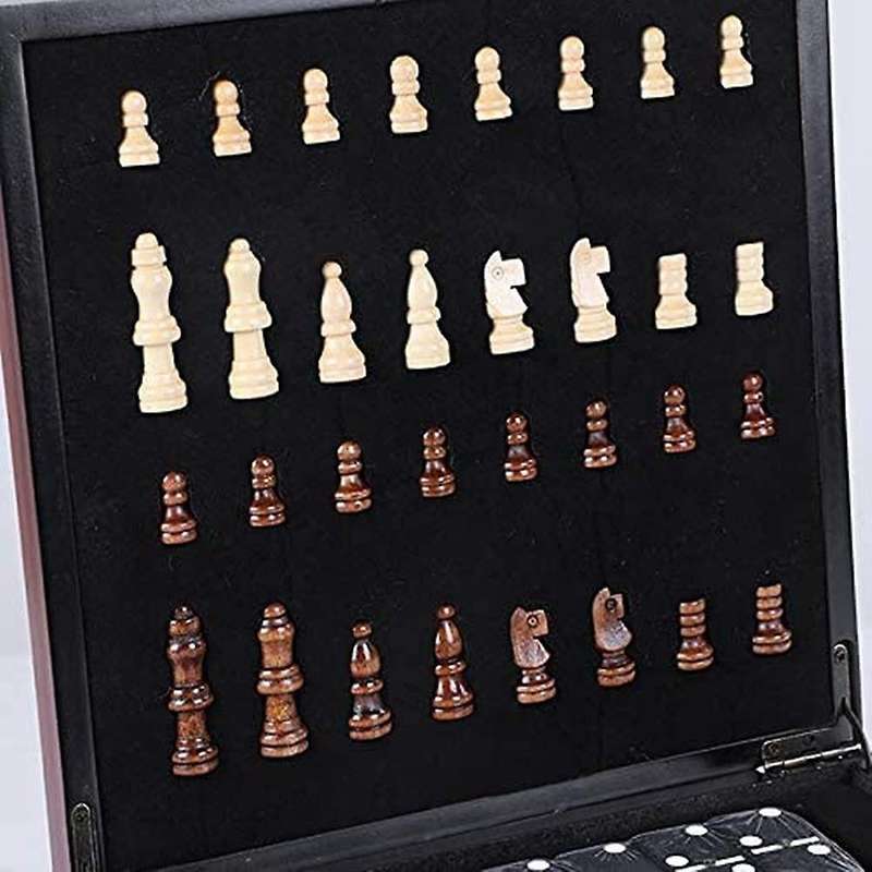 Wooden Chess Playing Cards, Dice, Domino Board Game 4 In 1 Set