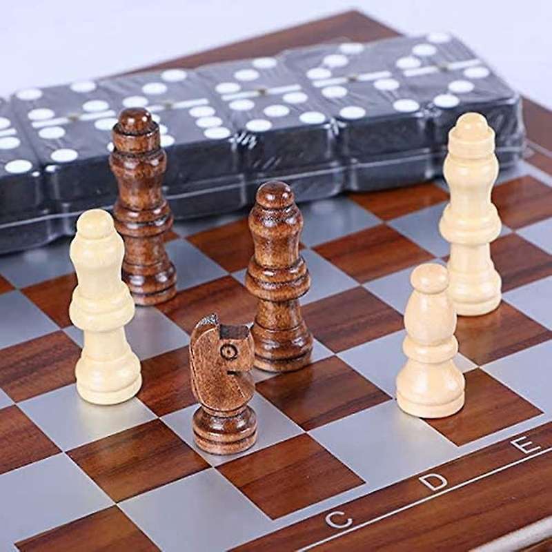 Wooden Chess Playing Cards, Dice, Domino Board Game 4 In 1 Set