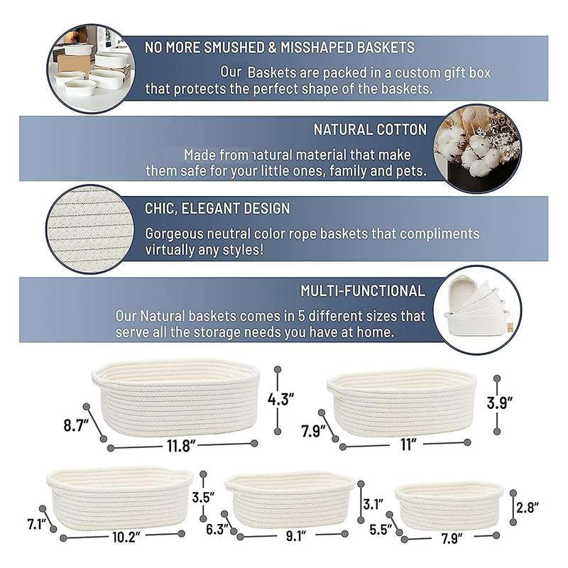 Rectangle Storage Basket Set Cotton Rope Woven Baskets White