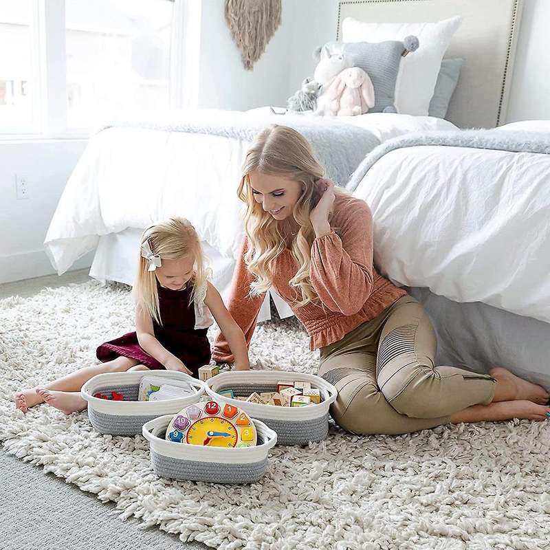 Rectangle Storage Basket Set Cotton Rope Woven Baskets Gray+white