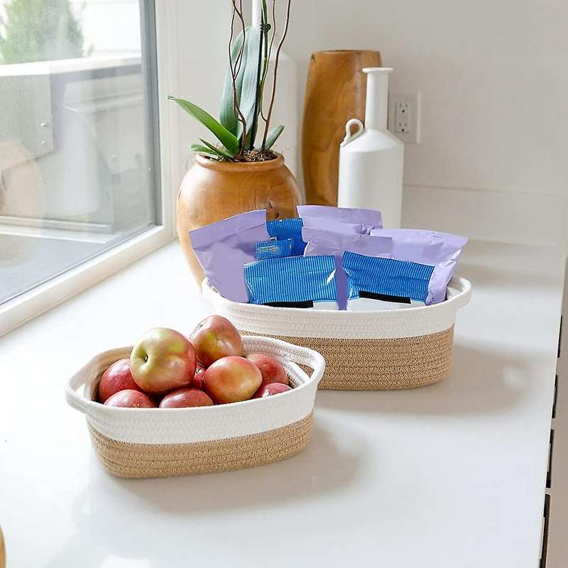 Rectangle Storage Basket Set Cotton Rope Woven Baskets Brown+white