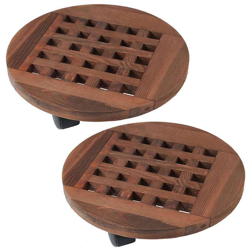 2x 25cm Wood Flower Pot Removable Tray Plant Holder Base with Wheels