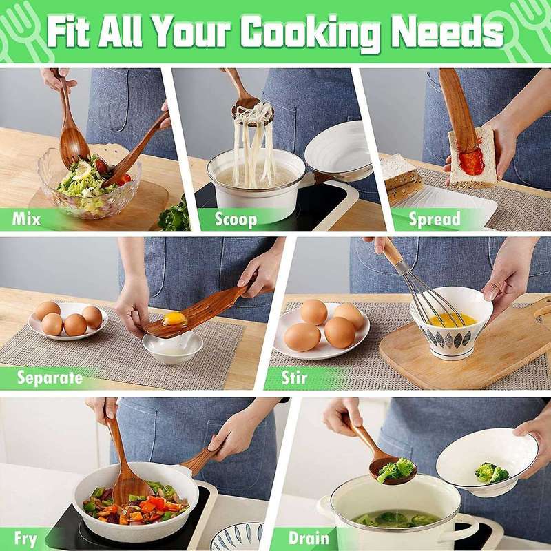 Wooden Spoons for Cooking,11pcs Kitchen Utensil Set, for Cookware