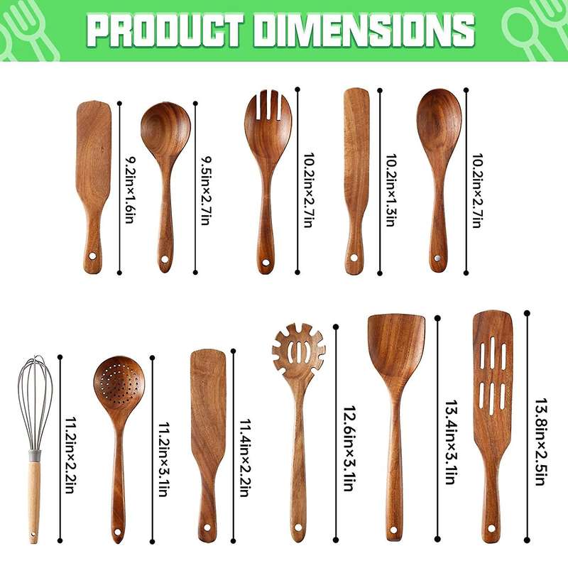 Wooden Spoons for Cooking,11pcs Kitchen Utensil Set, for Cookware