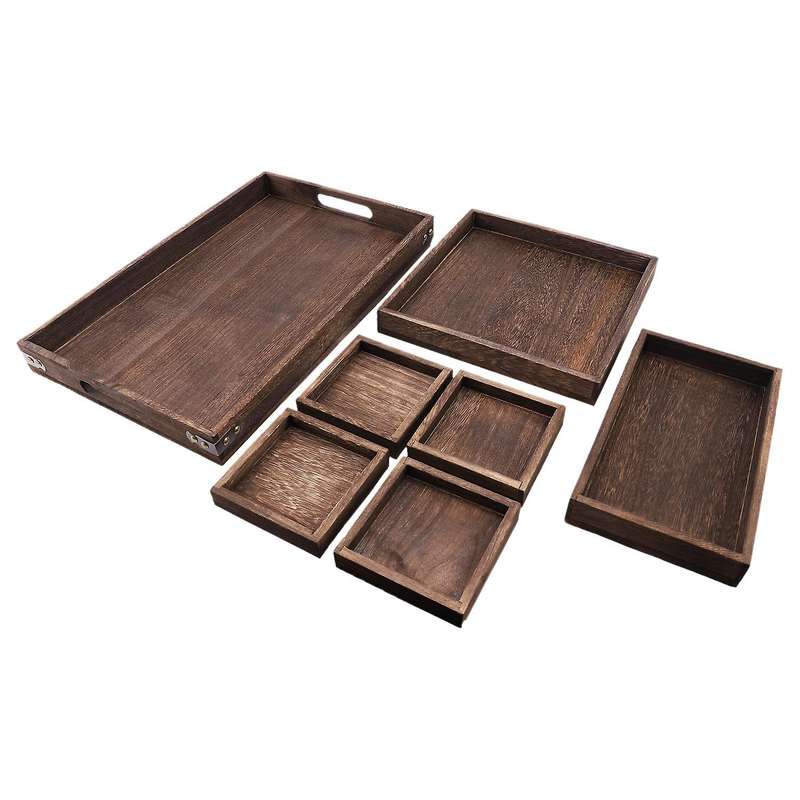 7pcs/set Wooden Tea Tray Snacks Dessert Food Hotel Home Serving Tray