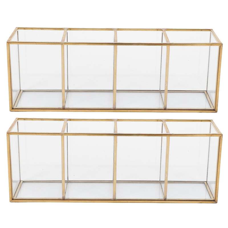 Gold Grid Glass Flip Storage Tank Cosmetics Storage Box C