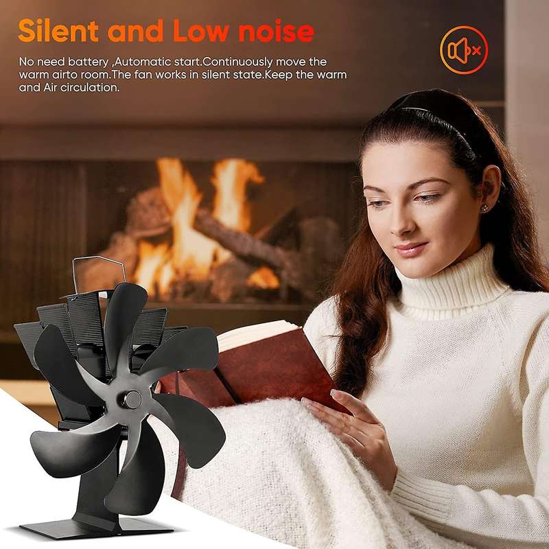 6 Blades Heat Powered Stove Fan with Thermometer, for Log Burner
