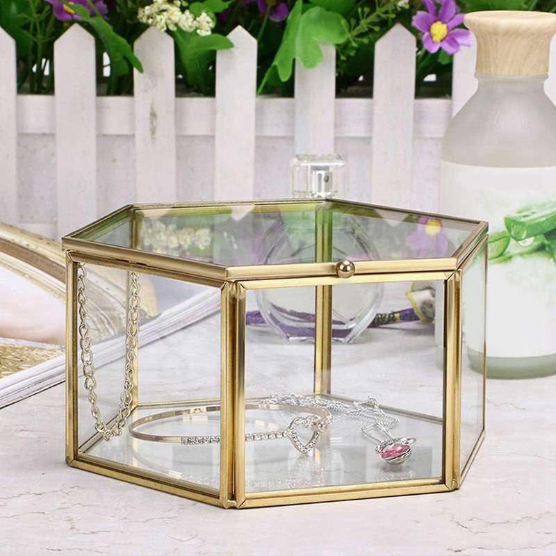 Glass Vintage Jewelry Box Golden Geometric Jewelry Display (large)