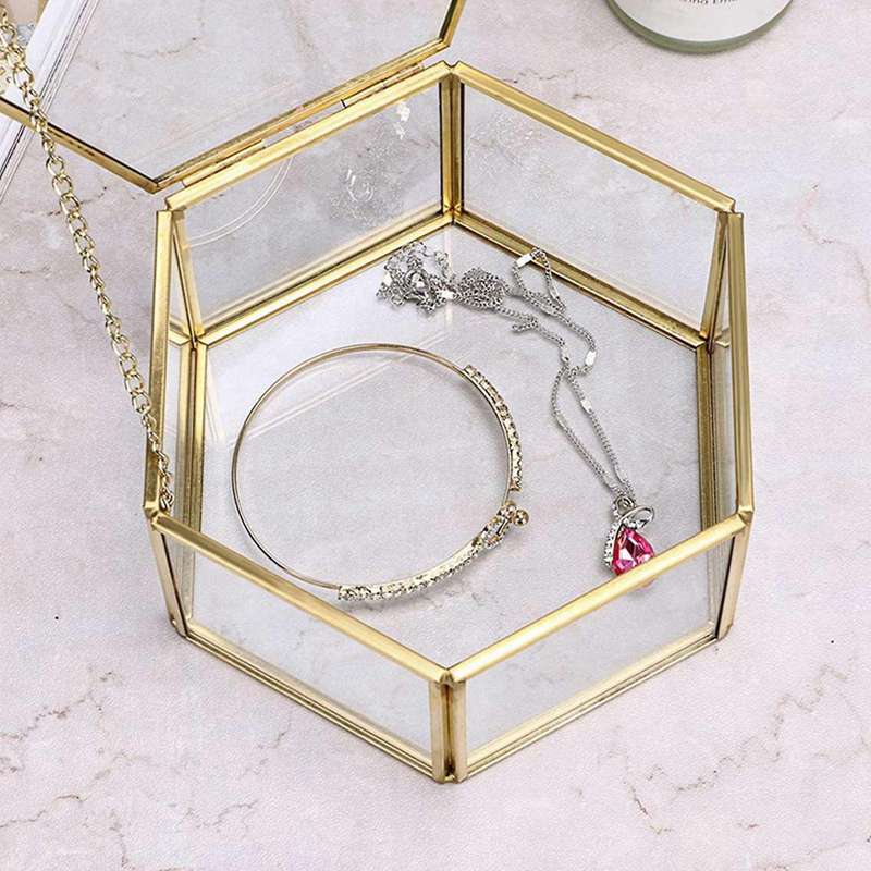 Glass Vintage Jewelry Box Golden Geometric Jewelry Display (large)