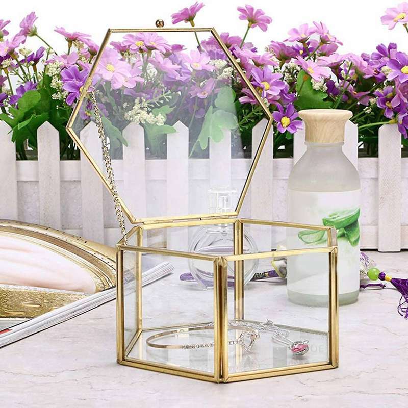 Glass Vintage Jewelry Box Golden Geometric Jewelry Display (large)
