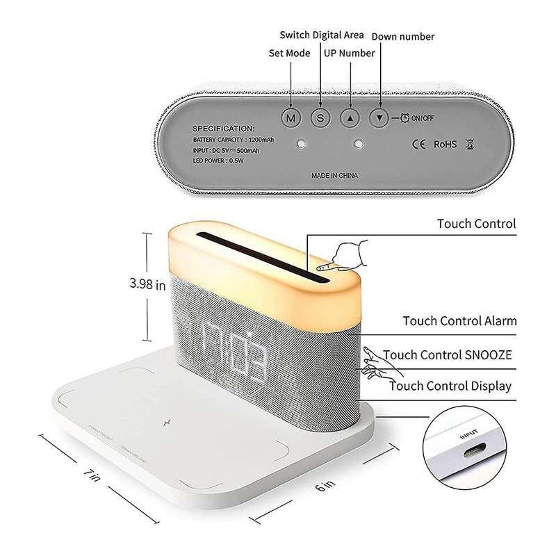 10w Qi Charging Alarm Clock Led Light Adjustable Touch Three Colors