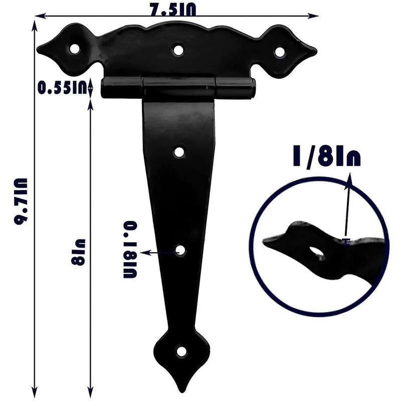 4pack Gate Hinges Black for Wooden Fences, Barn, 8inch T-strap Hinge