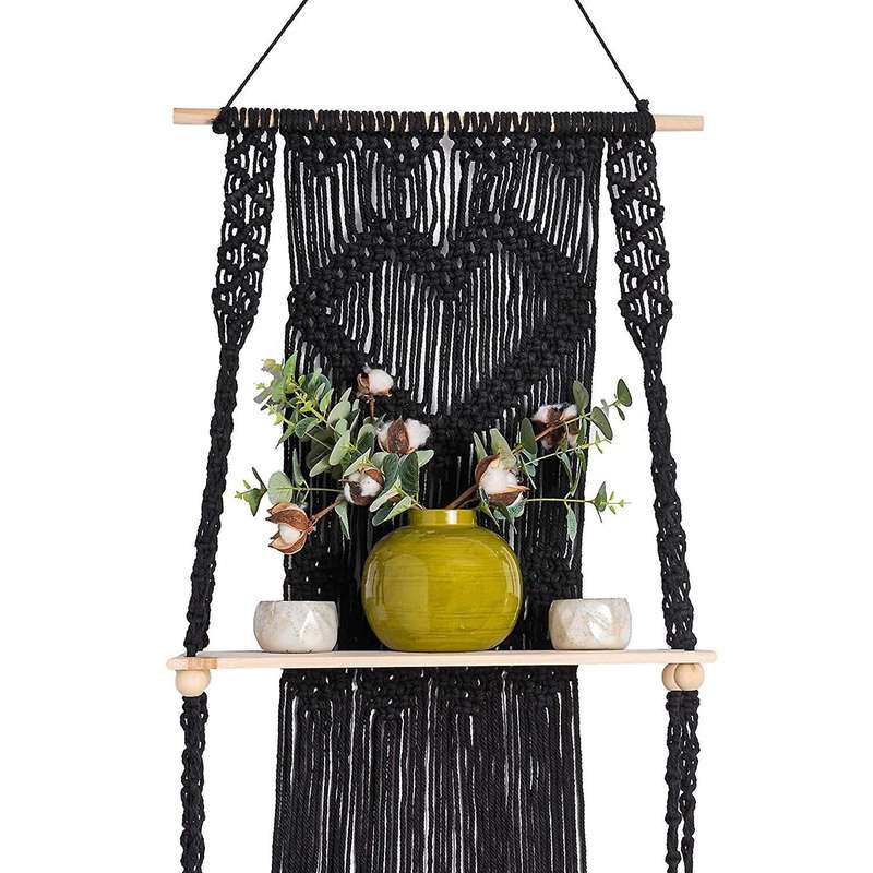 Handmade Macrame Cotton Rope Wall Hanging Shelf Boho Wall Decor Wood