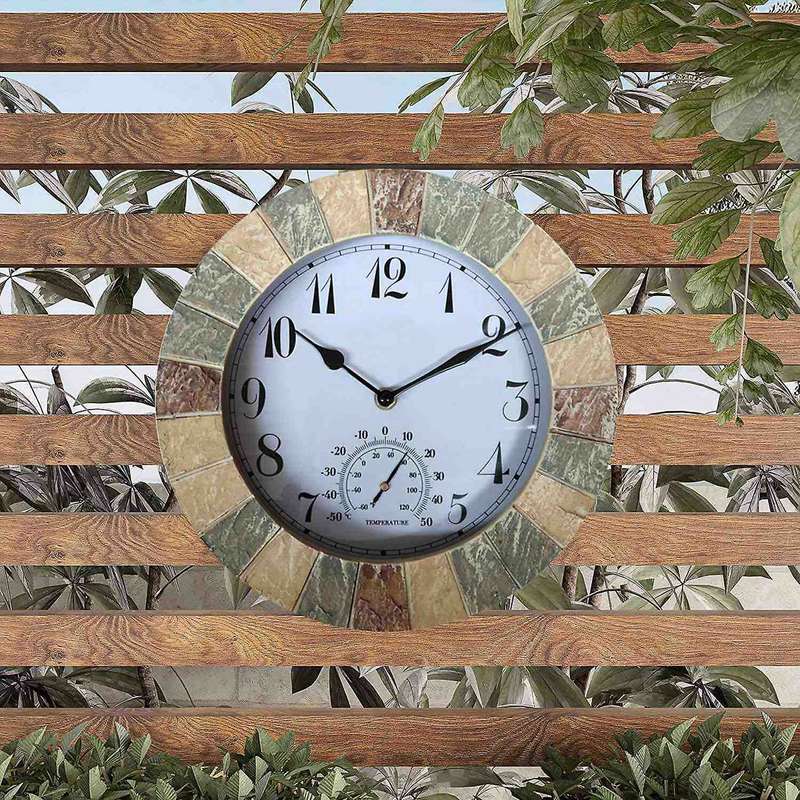 Faux Sandstone 10inch Wall Clock and Thermometer Resin Garden Clock