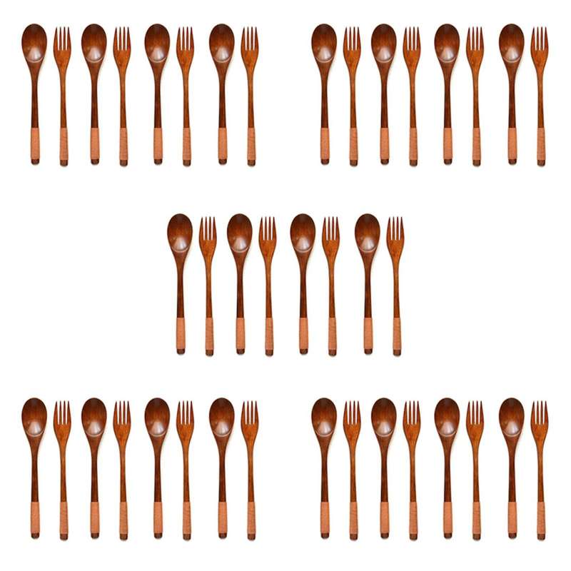 40 Pcs Wooden 9inch Japanese Spoon Fork Set Kitchen Cutlery Set