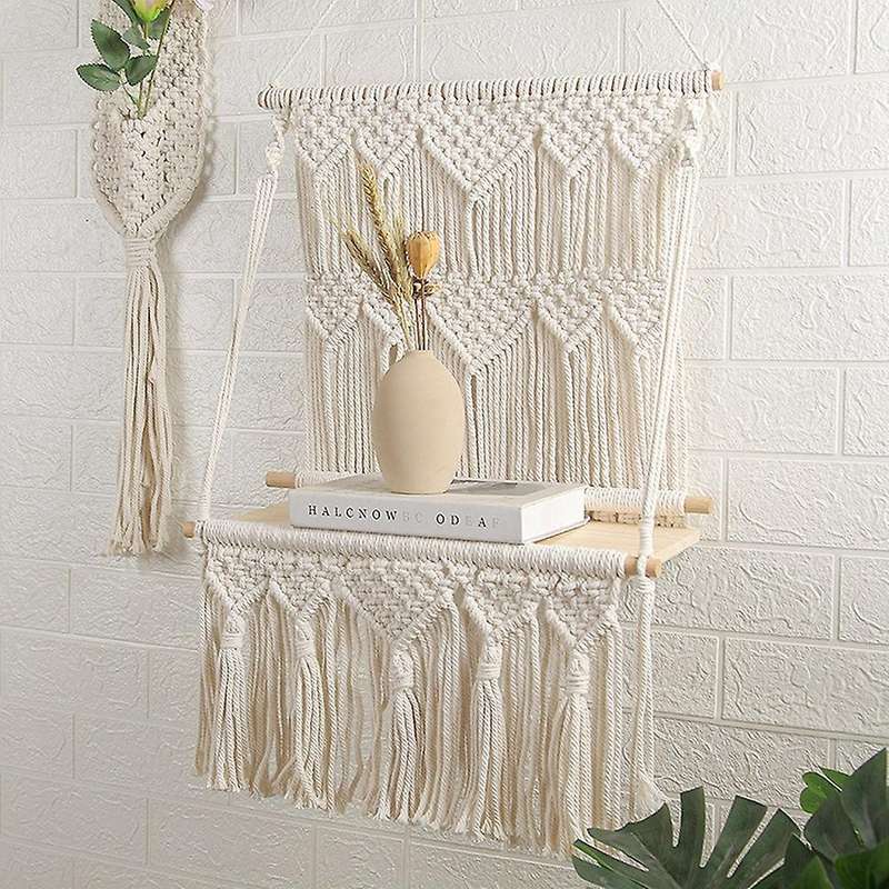 Bohemian Wooden Handmade Macrame Wall Hanging Rope Shelf Floating