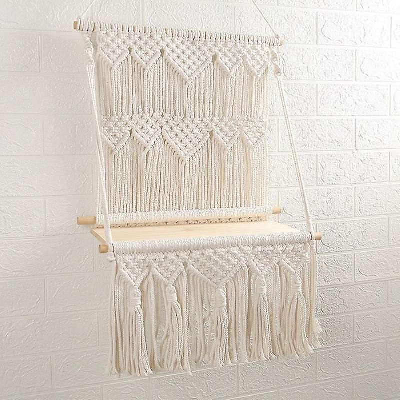 Bohemian Wooden Handmade Macrame Wall Hanging Rope Shelf Floating