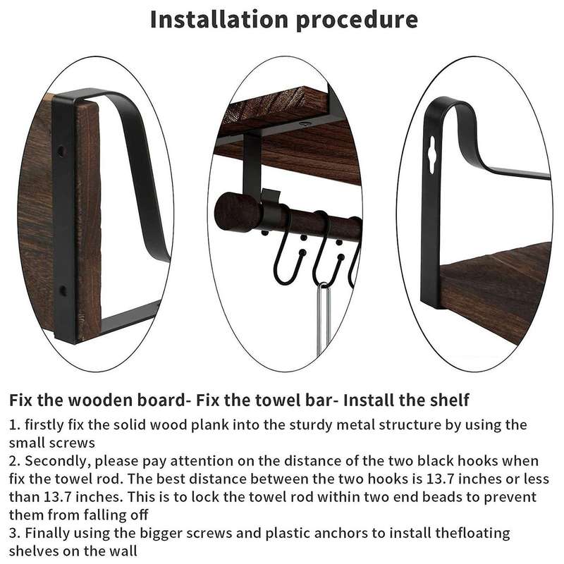 Wall-mounted Shelf Set Rustic Wooden Wall Shelf with Rails and Bar