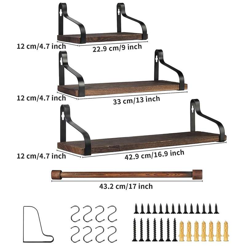 Wall-mounted Shelf Set Rustic Wooden Wall Shelf with Rails and Bar