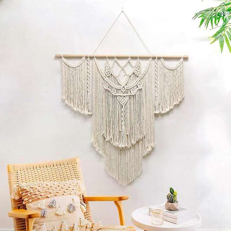 Large Macrame Wall Hanging Tapestry with Wooden Stick Handwoven