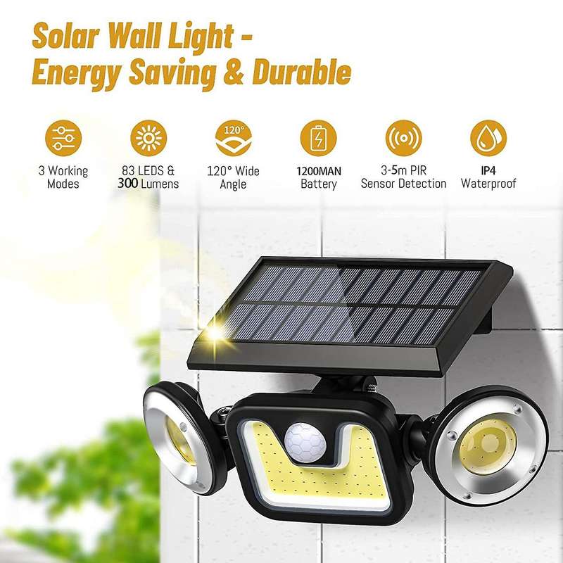 Solar Flood 3 Heads Security Lights for Garden Patio Garage Yard 2pcs