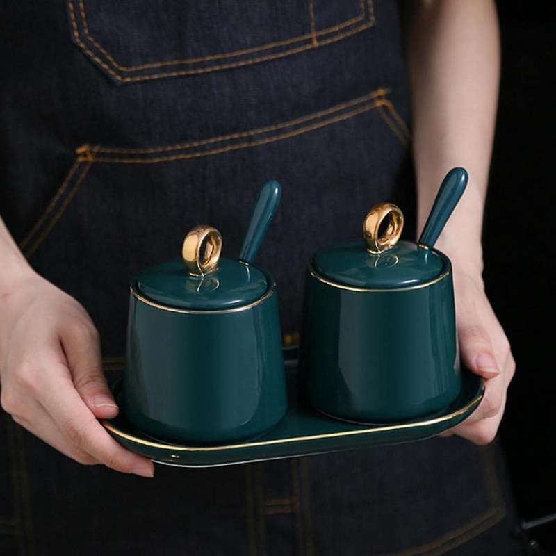 Condiment Jar Spice Container with Lids Spoons and Tray
