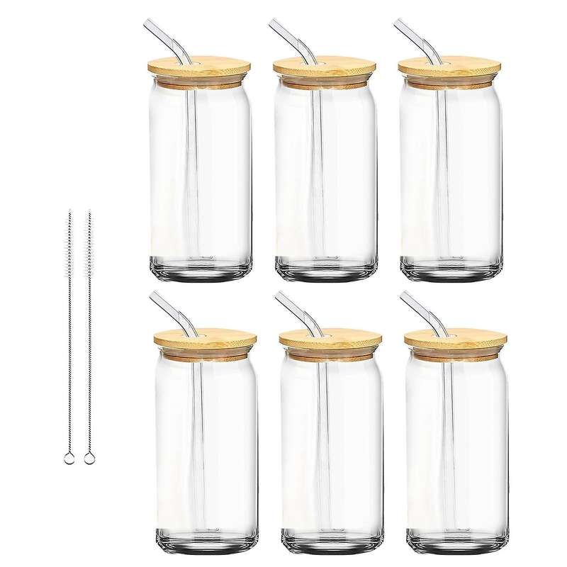 6 Pieces 16oz Beer Can Glass with Lids and Straw